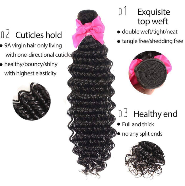 9A Deep Wave Virgin Hair Natural Color 3 Bundles 4x4 Closure