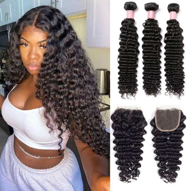 10A Deep Wave Natural Black 4x4 Lace Closure 3 Bundles